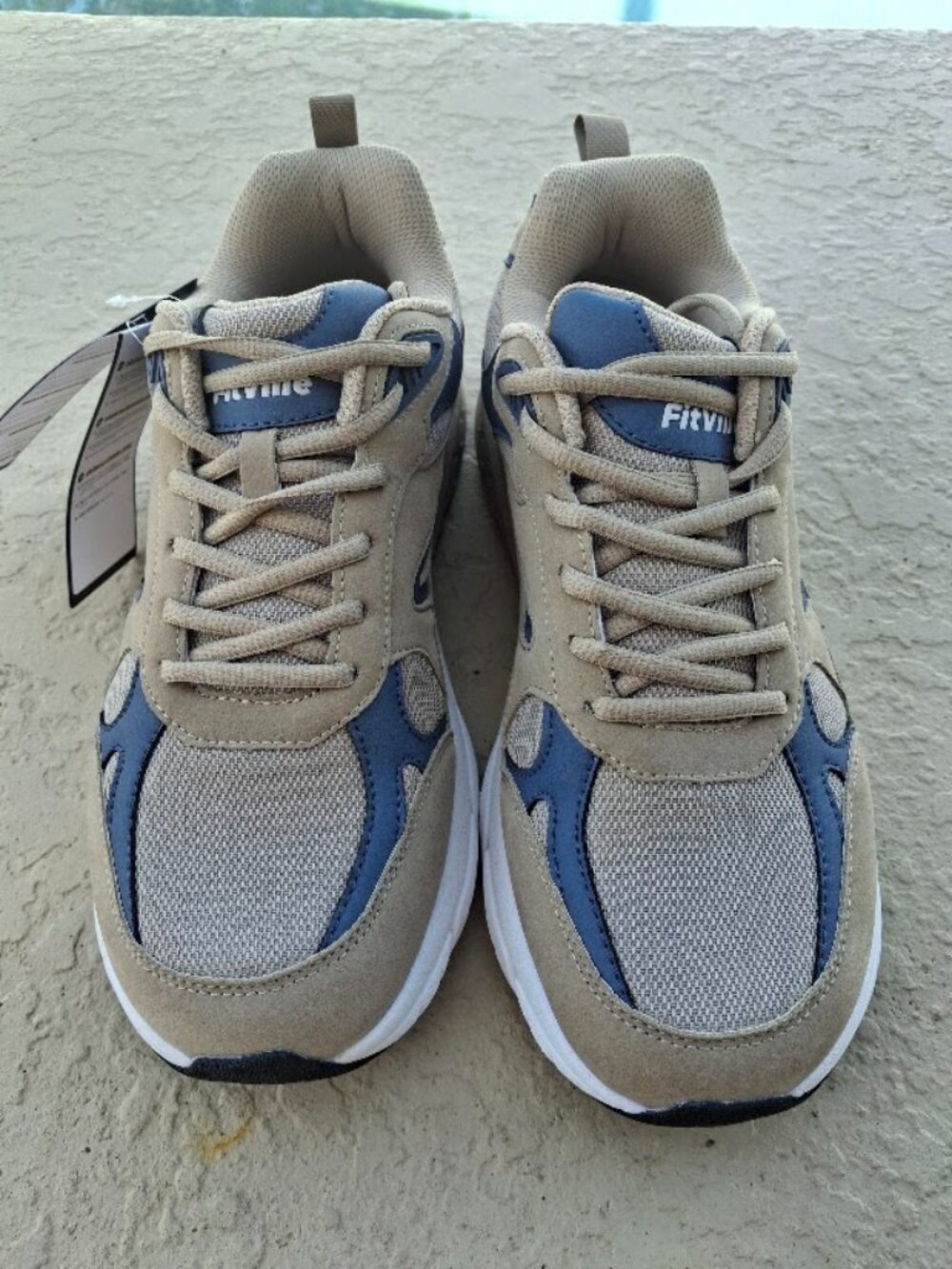 FitVille Men's Walking Sneakers Beige Blue Cushioned Comfort Athletic 11.5 NWT